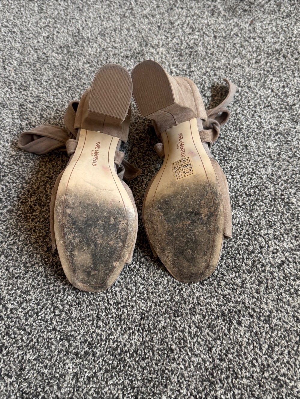 Karl Lagerfeld Paris Racha Suede Wrap Tie Block Heel Sandals Taupe EU 38.5 US8.5 - Picture 11 of 11